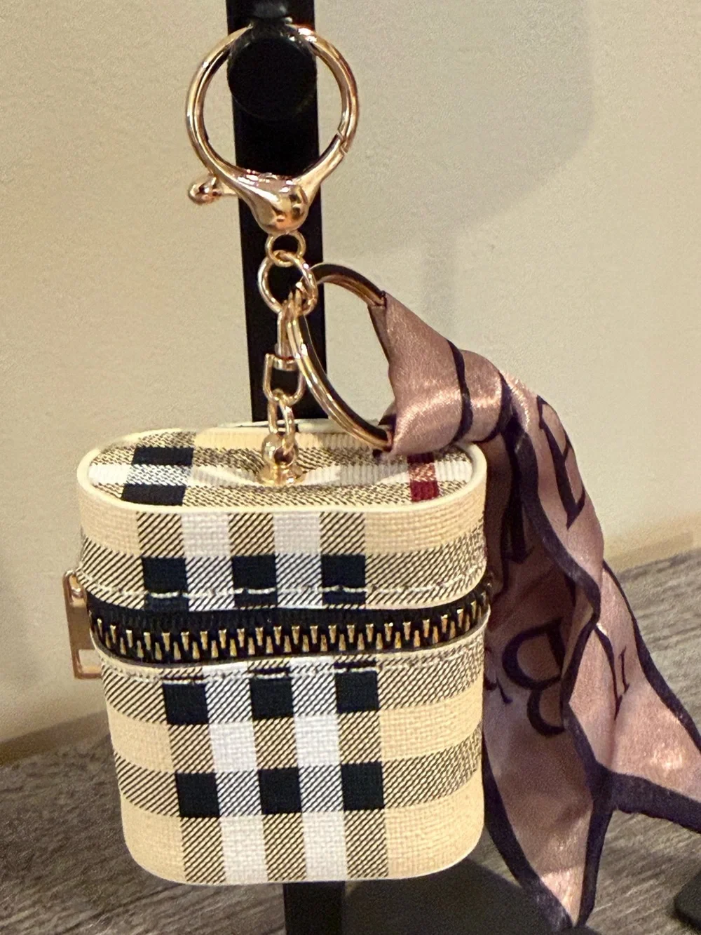 Keychain Backpack Charm Mini Bag Small Lipstick Pouch Plaid W Silk Like Scarf